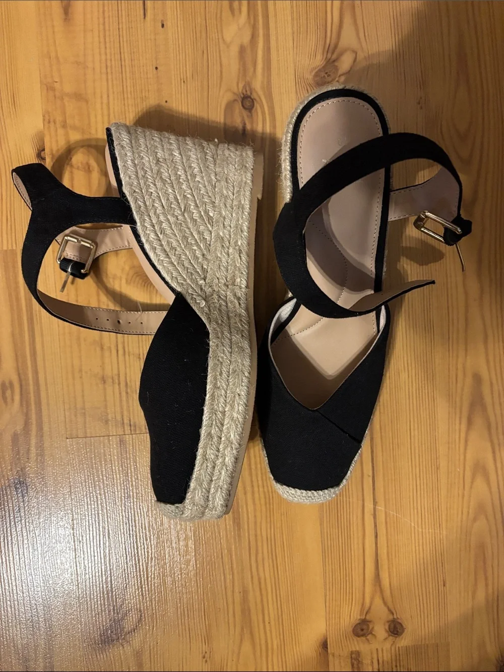 Time and Tru Black Espadrille Wedge Sandals with Gold Buckle